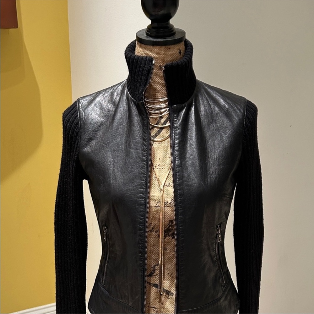 Theory Black Leather Jacket with Knit Sleeves